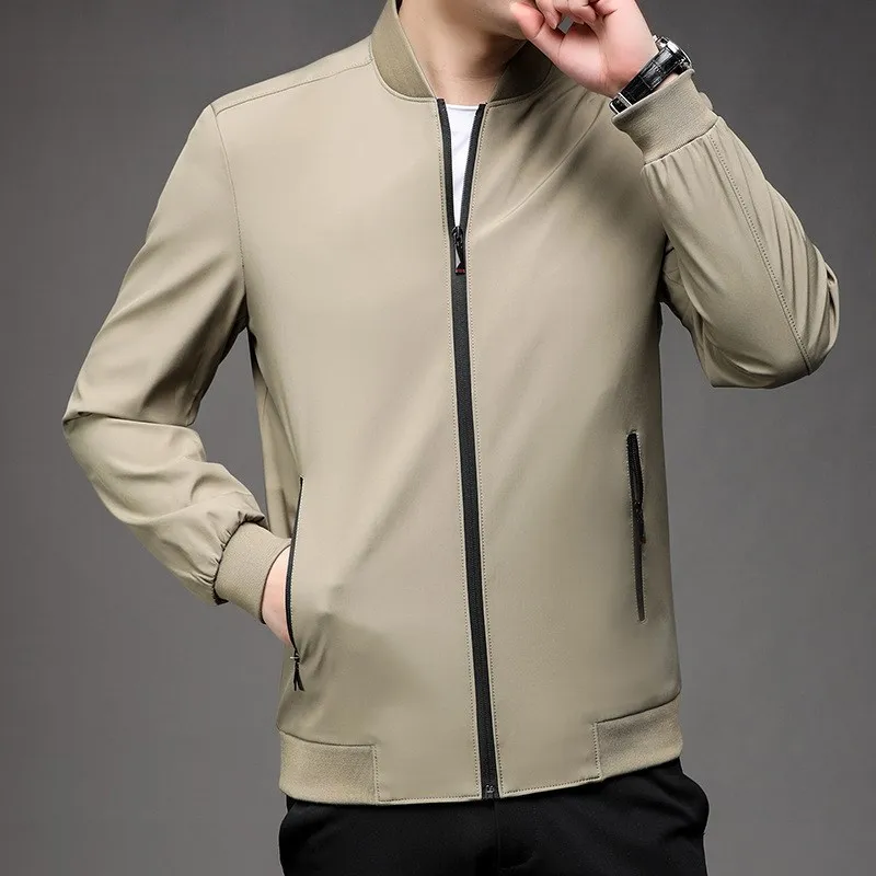 

Men's Baseball Sle Zipper Jaet Spring New Pure Color Stand Collar Mid-Year Dad Casual Busin Coat for Men