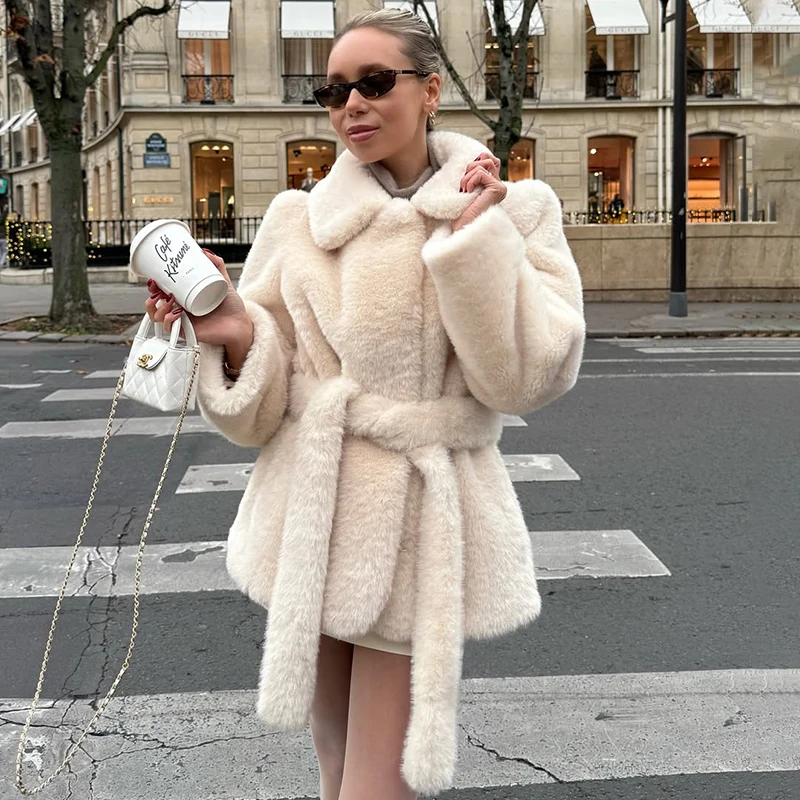 

Tornova Fashion Belt Faux Fur Coat For Women Lapel Casual Short Jacket Long Sleeve 2025 Autumn Winter New Female White Overcoat