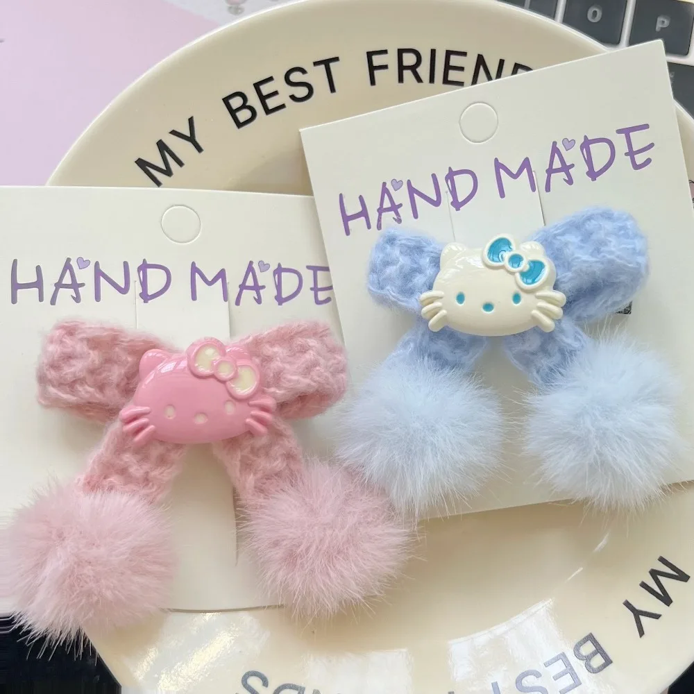 Elegante e dolce fiocco di lana con frangia di gatto, fermaglio per capelli riempito al latte, doppia coda di cavallo per ragazza giapponese carina