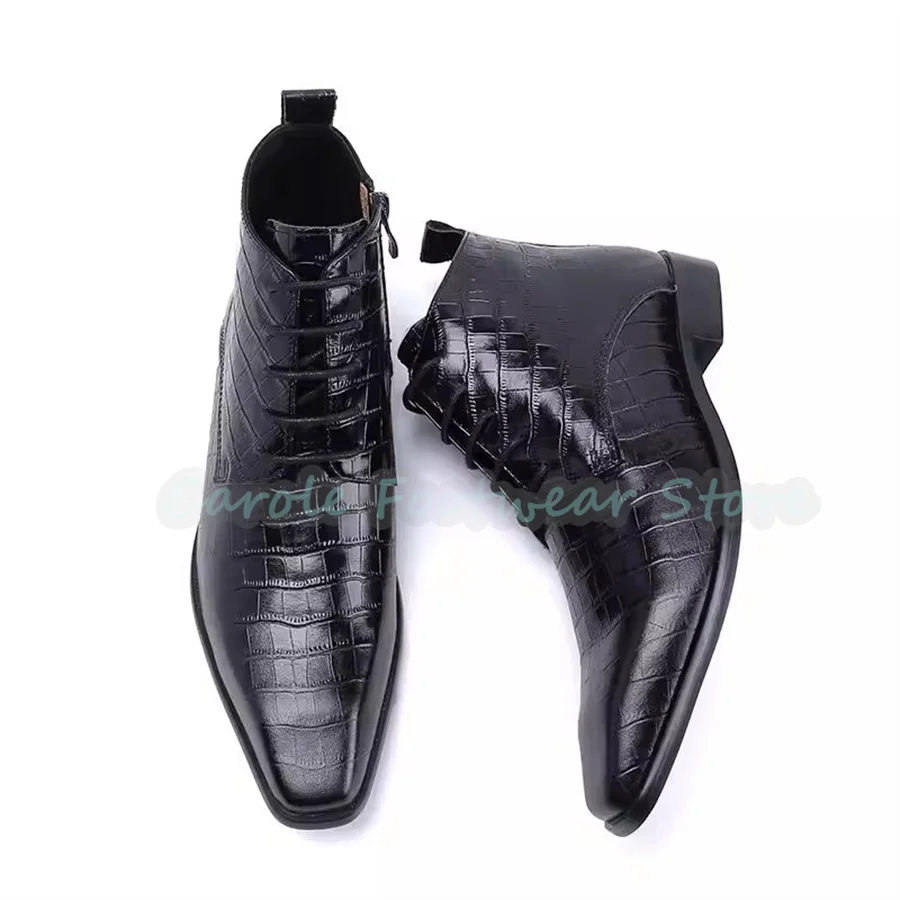 Fashion Genuine Leather Ankle Boots for Men Pointed Toe Chunky Heel High Top Lace-Up Boots Male Wedding Business Dress Shoes