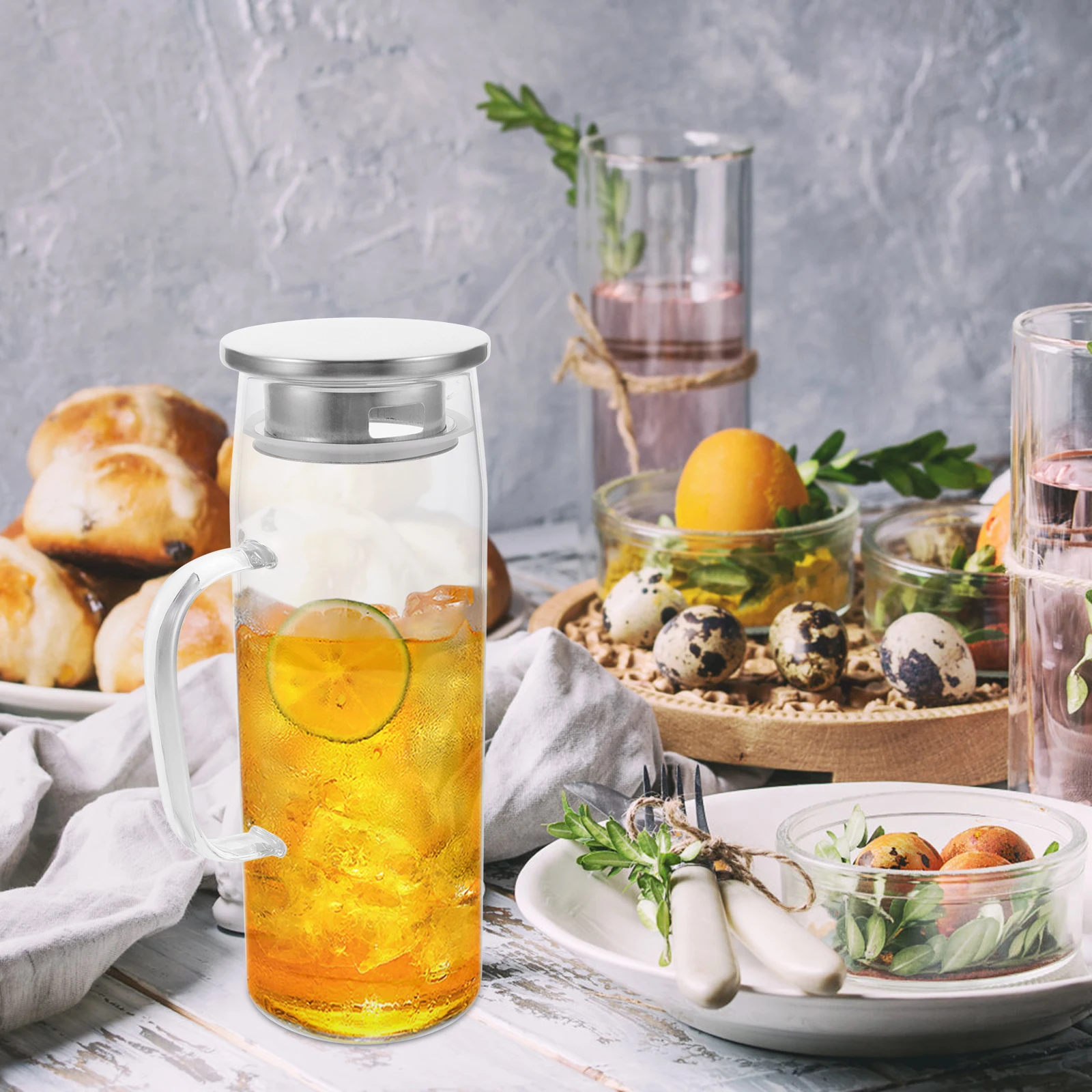 

Large Glass Water Kettle with Tea Infuser Stainless Steel Handle Cold Hot Drink Pitcher Refrigerator Safe Juice Jug Bar