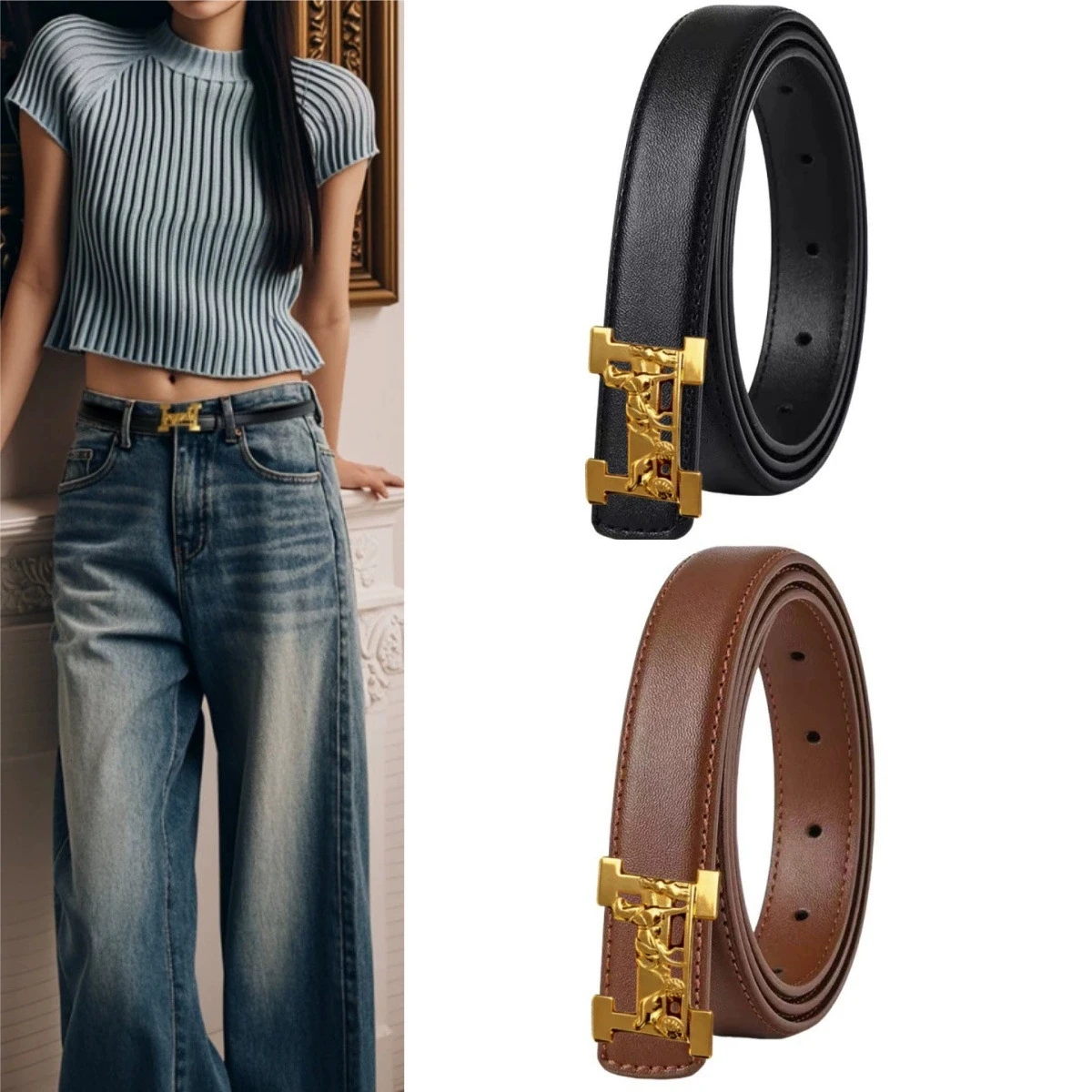 

Тонкий ремень из натуральной кожи для женщин с декоративной пряжкой-бантом, винтажный медно-золотой модный аксессуар для платьев
