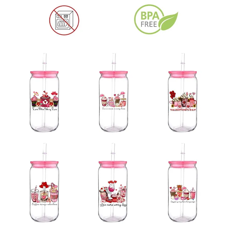 Valentines Theme Printed Transfer BPA Free Plastic Straw Cup Comes With Sreaw And Cup Lid Can Coffee 16 OZ Coffee Bear