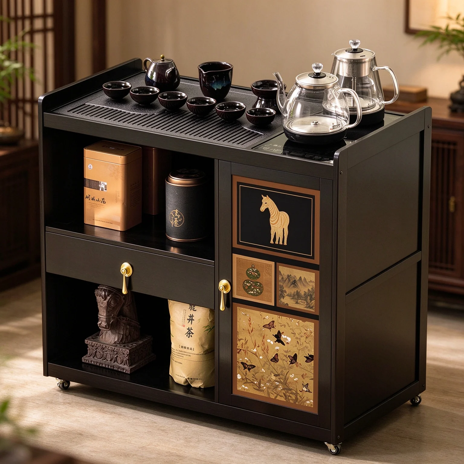 New Chinese Style Mobile Table, Compact Cabinet for Living Room Tea Serving, Household Drinking Station