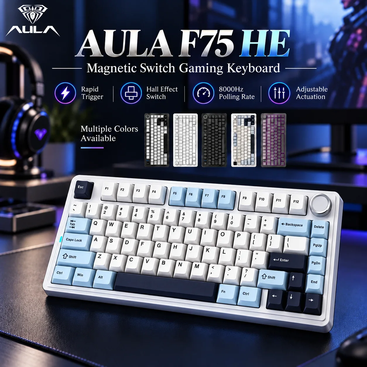 AULA F75 HE 75% Mechanical Keyboard Hall Effect Magnetic 2.4G Bluetooth 5.3 Wired Hot Swap RGB 4000mAh Gaming 8K Polling Rate
