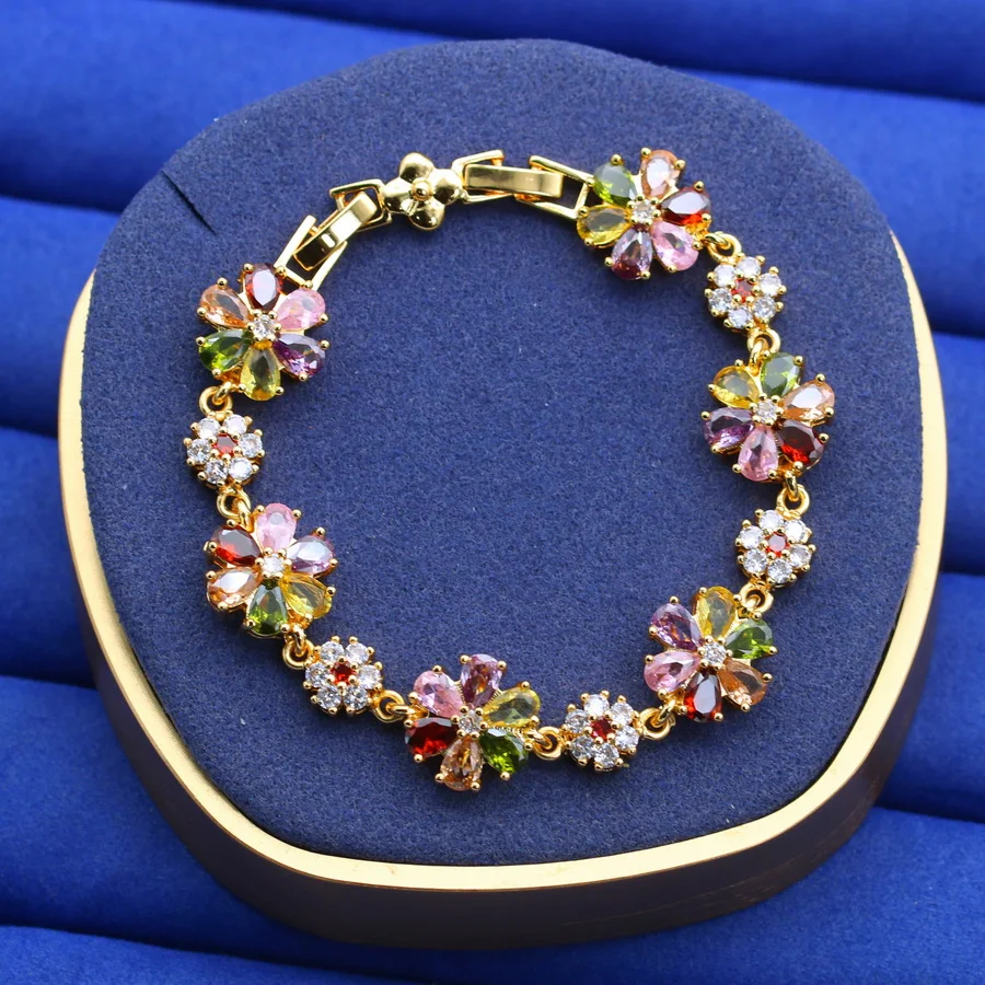 Exquisite Multicolor Crystal 18K Gold Plated Jewelry Sets for Women Earrings Necklace Adjustable Ring Bracelet Wedding Gift