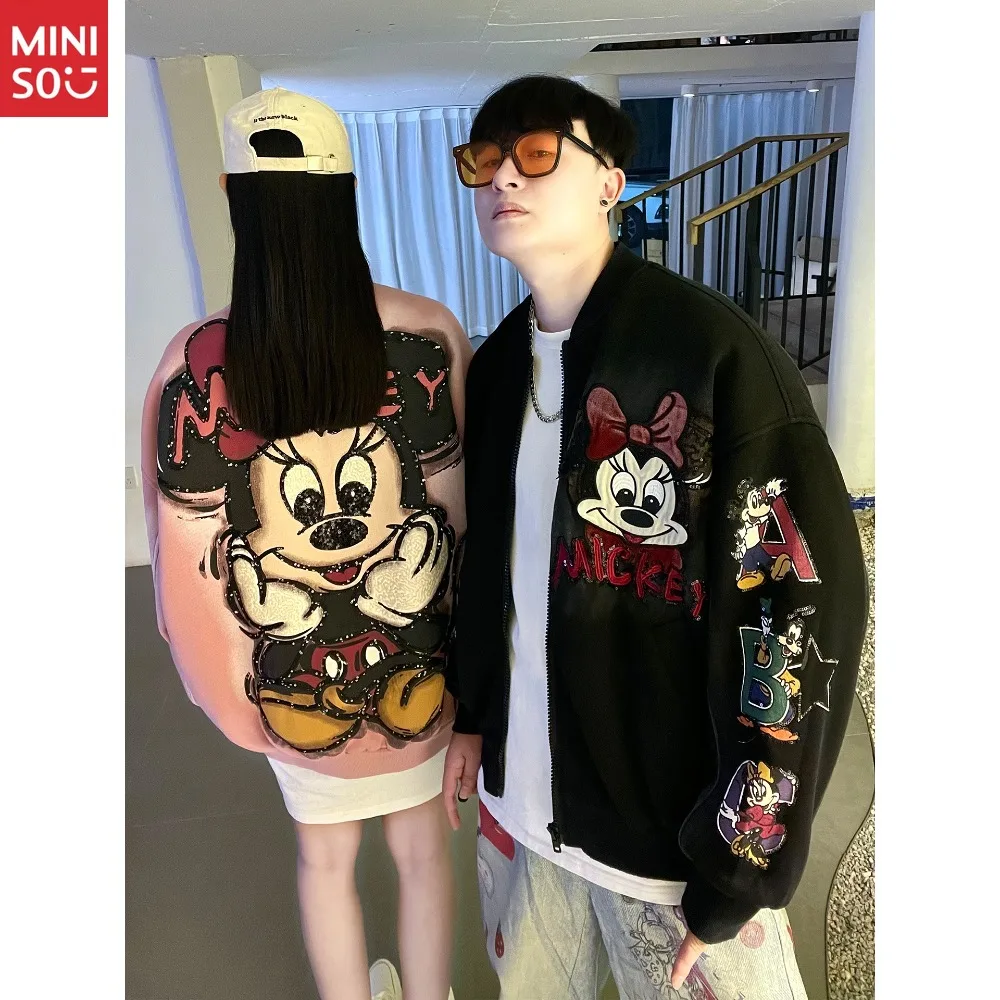 

Disney Mickey Embroidered Sequined Baseball Jersey Men and Women Autumn and Winter Retro Casual Loose Couple Jacket Tide