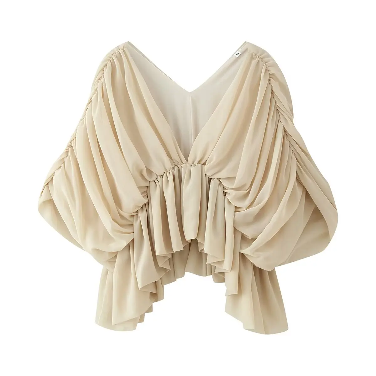 2026 Summer Women's Sexy Loose Deep V-neck Batwing Sleeve Beige Blouse Lady Elegant Street Ruffle Pleated Cropped Party Tee Tops