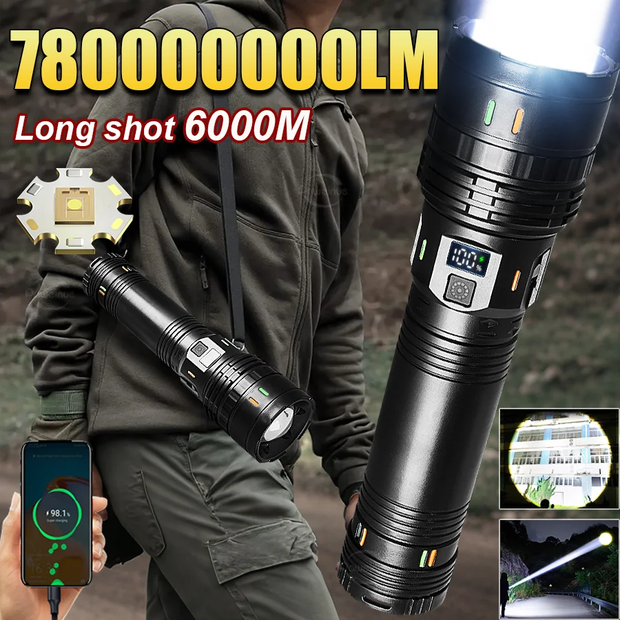 

2025 Новый ультра яркий светодиодный фонарик USB перезаряжаемый большой радиус действия 6000 м зум фонарики тактический фонарь для кемпинга, рыбалки, рабочая лампа