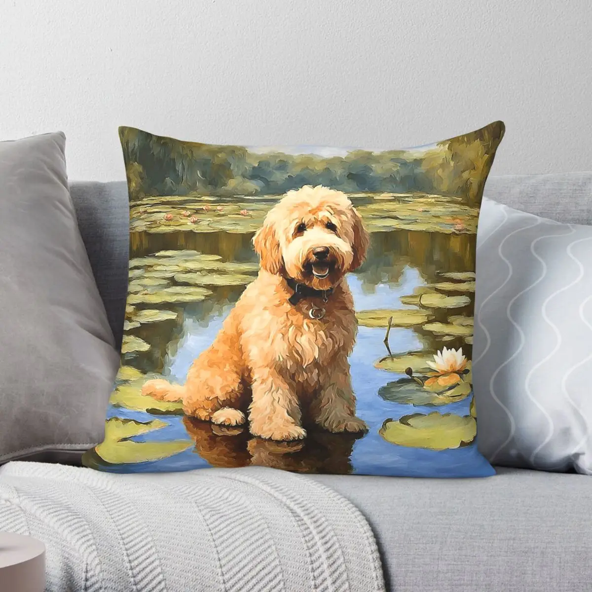 Goldendoodle Lily Pond Impressionism Square Pillowcase Polyester Linen Velvet Pattern Zip Decor Throw Pillow Room Cushion Cover