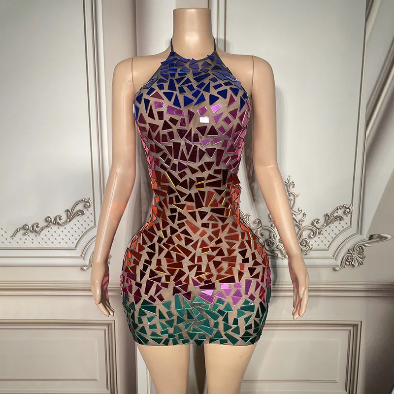 의상 패션 여성 느슨한 드레스 섹시한 메쉬 투명 거울 장식 조각 클럽 복장 Vestidos Piedras Brillantes 여성용 드레스