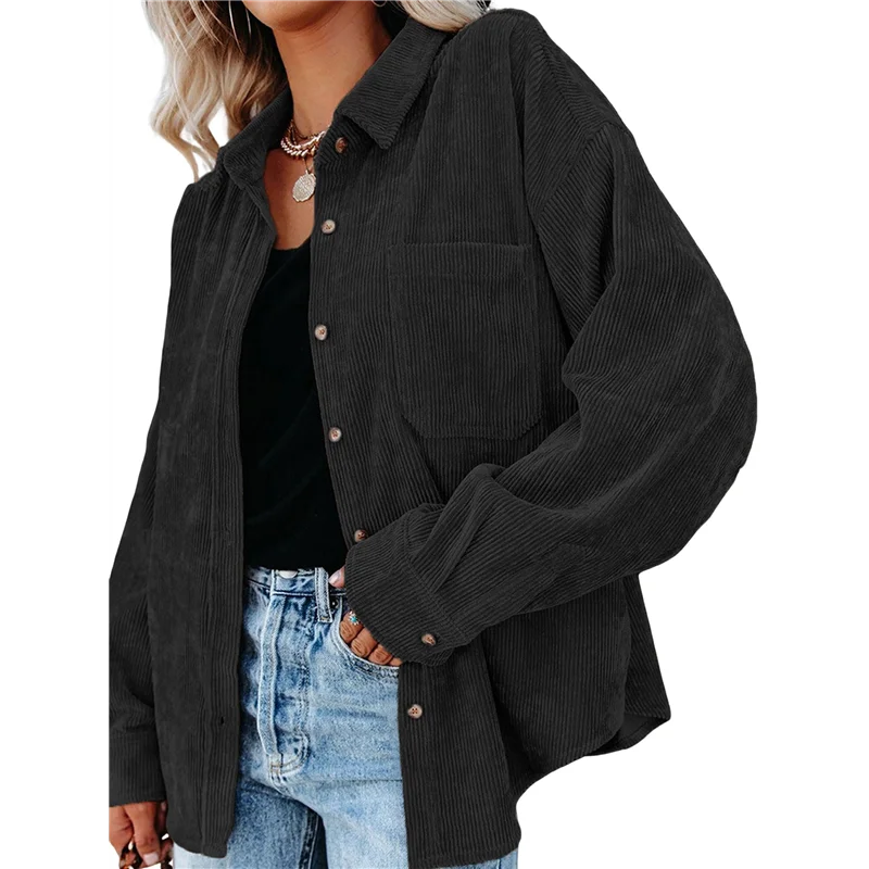 FX-Womens Corduroy Button Down Shirts Boyfriend Long Sleeve Oversized Blouses Tops