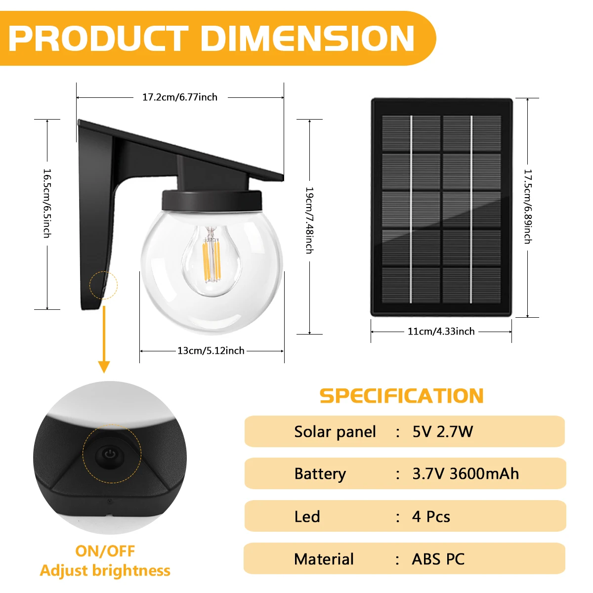 E27 Solar Bulb Light for Garden Outdoor Solar Wall Lamp with 2 Modes Auto Dusk to Dawn IP65 Waterproof Detachable Bulb for Porch