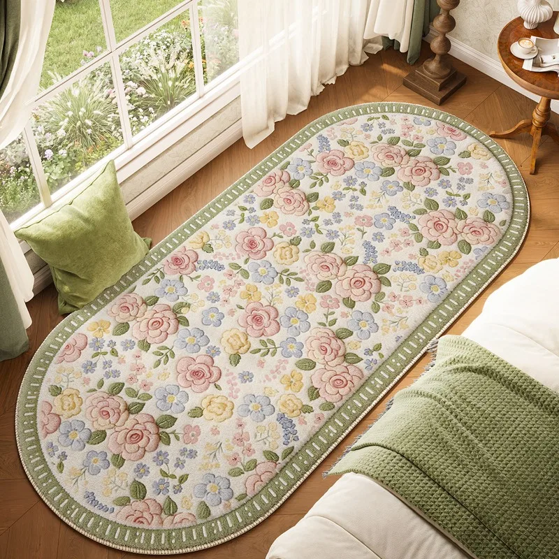 French Style Bedroom Decor Green Carpet Flower Pattern Carpets for Living Room Thickend Plush Bedside Floor Mat Fluffy Soft Rug