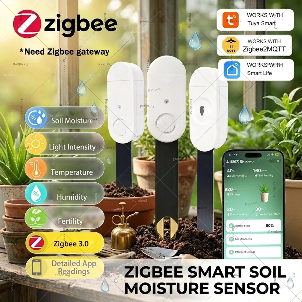 Testeur de sol intelligent Zigbee, capteur d'humidité, capteur de température, d'humidité, de lumière et de fertilité, automatisation d'irrigation pour Tuya Home Assistant Z2M