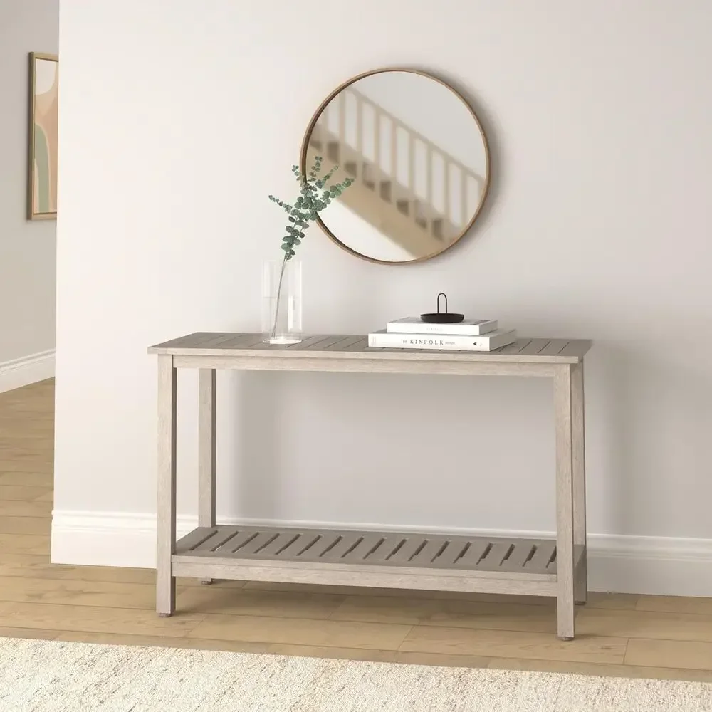 48 Dual-Layer Eucalyptus Wood Table, Indoor/Outdoor, Multifunctional Buffet Bar with Storage and Wheel Sliders - Gray