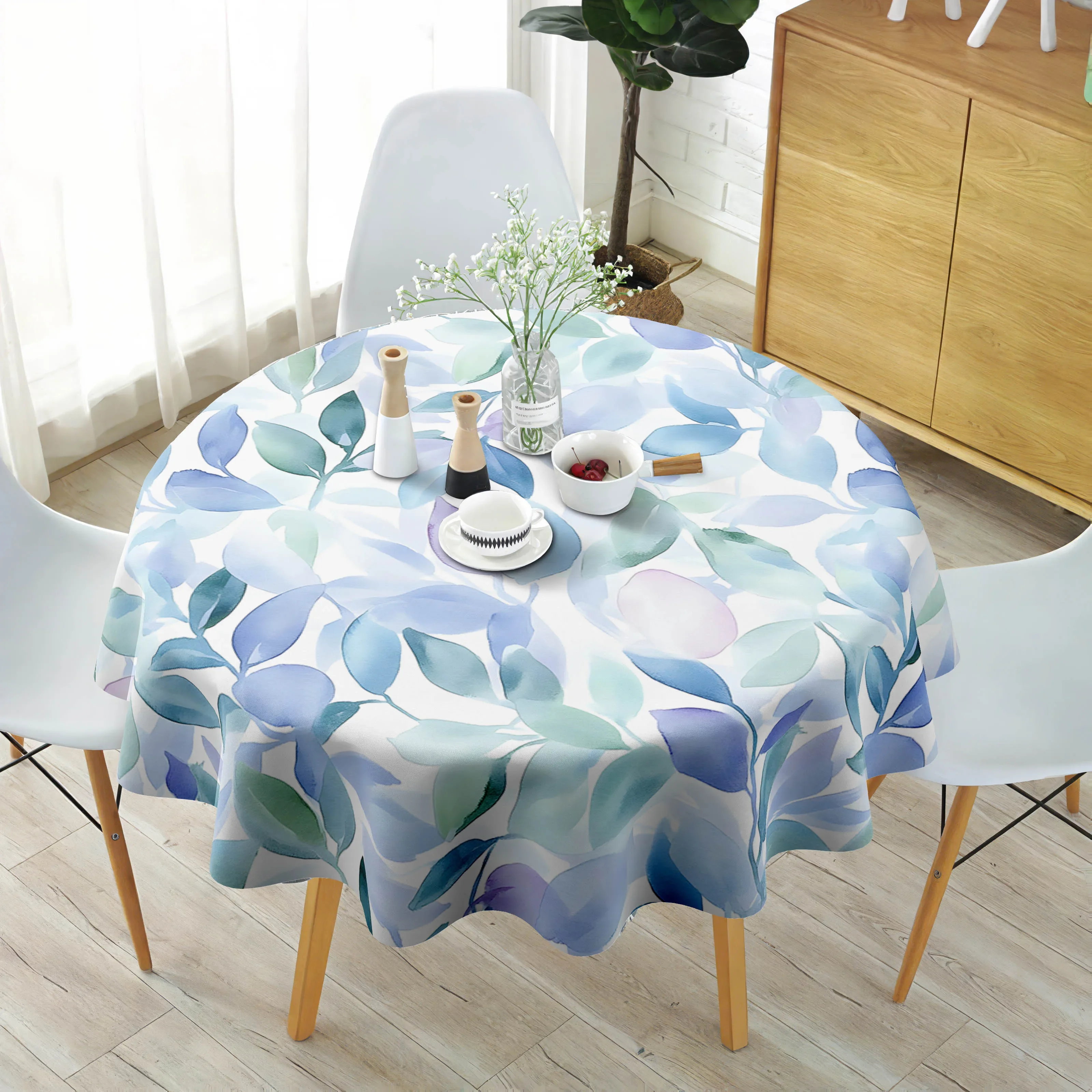 [JIT] 1 PC Blue Minimalist Leaf Tablecloth, Round Polyester Tablecloth, Blue Round Tablecloth YZB