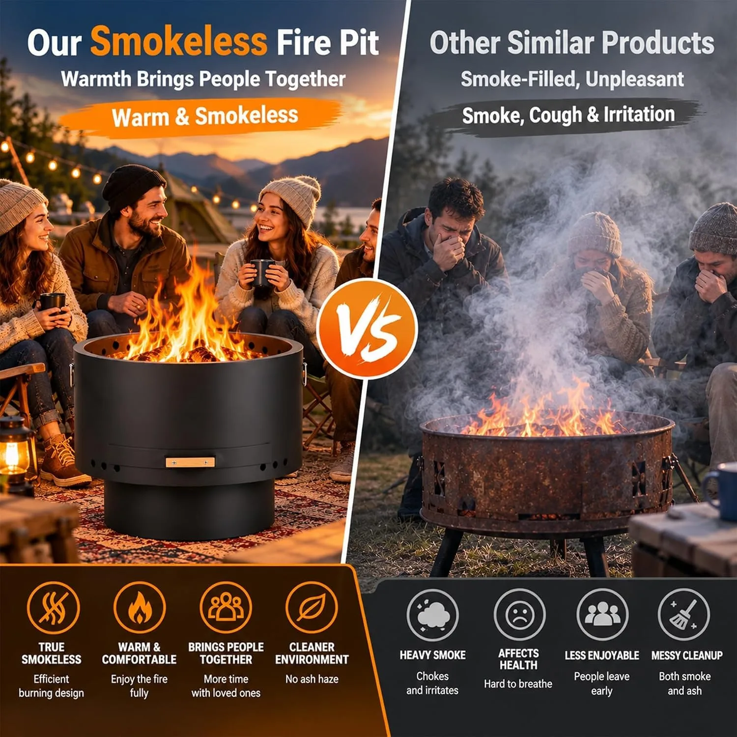 26 Inch Low Smoke Wood Burning Fire Pit Table 2 in 1 Round Stainless Steel Outdoor Firepit with Bamboo Lid Removable Ash Pan Poker and Carry Bag for Backyard Patio Camping and Gatherings with Friends