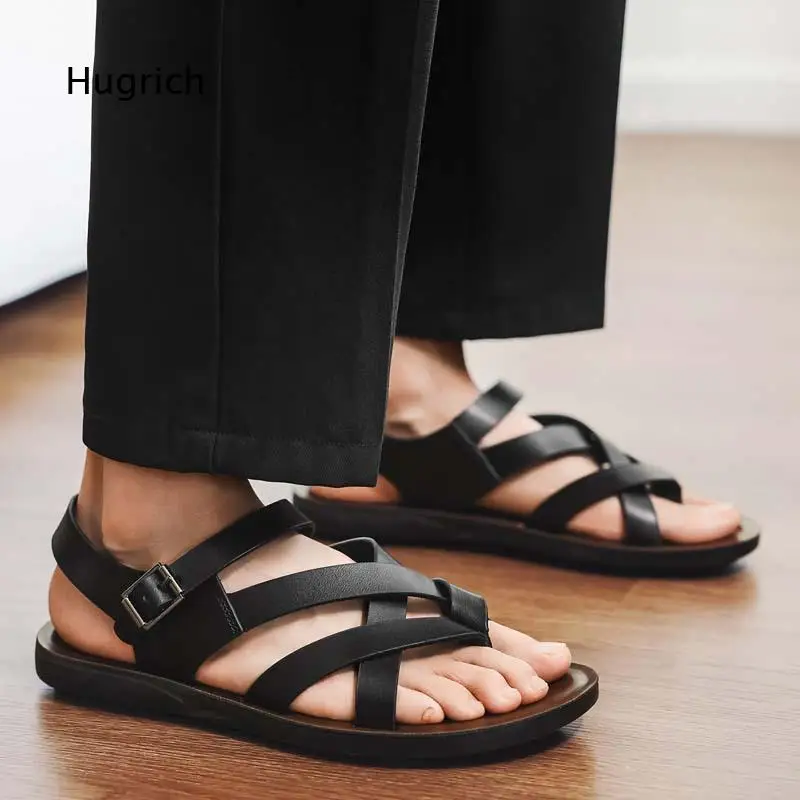 Mens Retro Thong Sandals Multi Cross Straps Adjustable Rear Strap Flat Non Slip Outsole Versatile Summer Daily Footwear