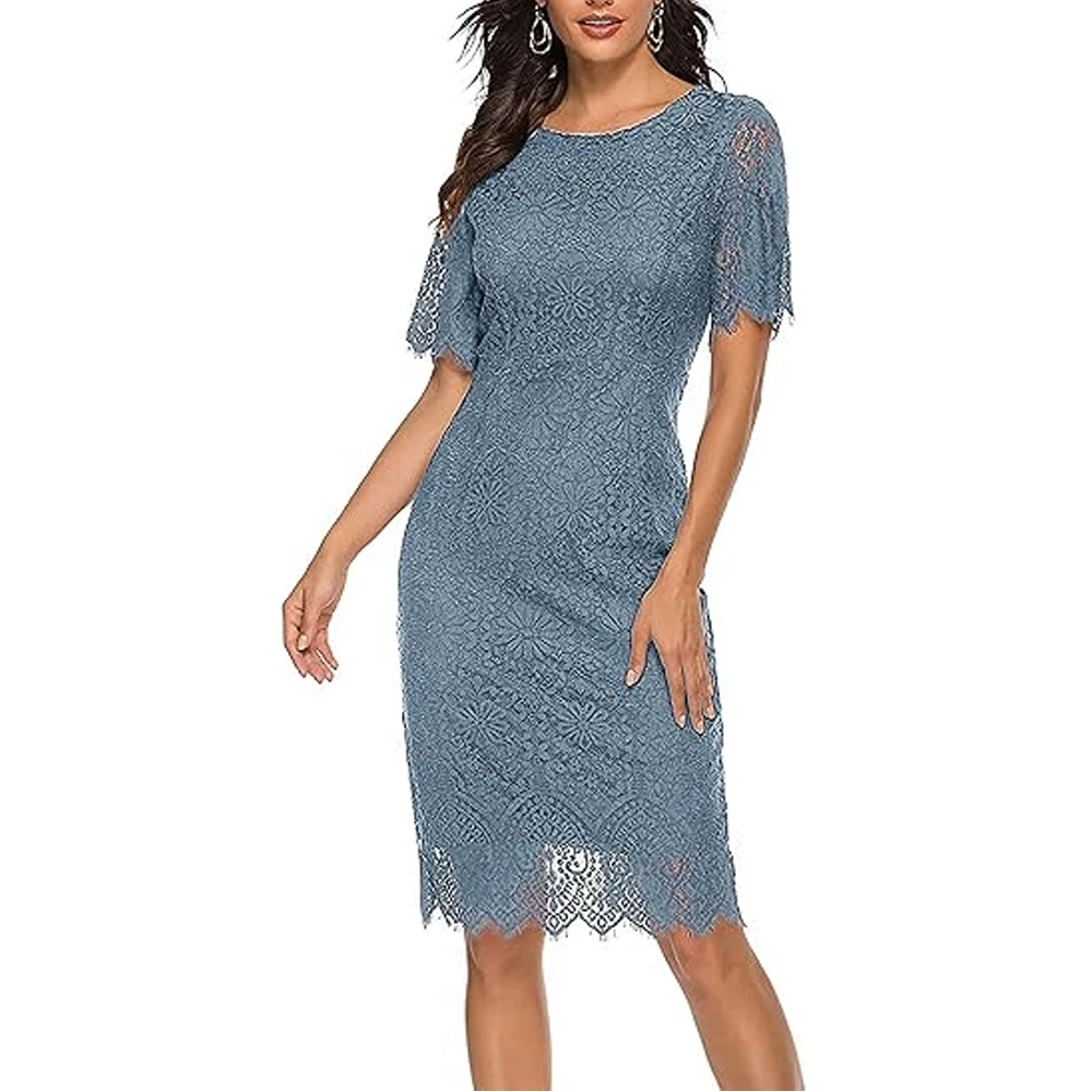 

Customized Women's Short Sleeve Lace Floral Cocktail Dress Crew Neck Knee Length for Party Wedding Party Dresses
