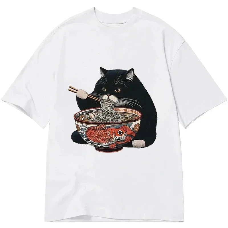 Black Cat Eating Ramen with Koi Fish Bowl T-Shirt Men Women Cute Japanese Art Print Casual Streetwear Short Sleeve Tee Tops