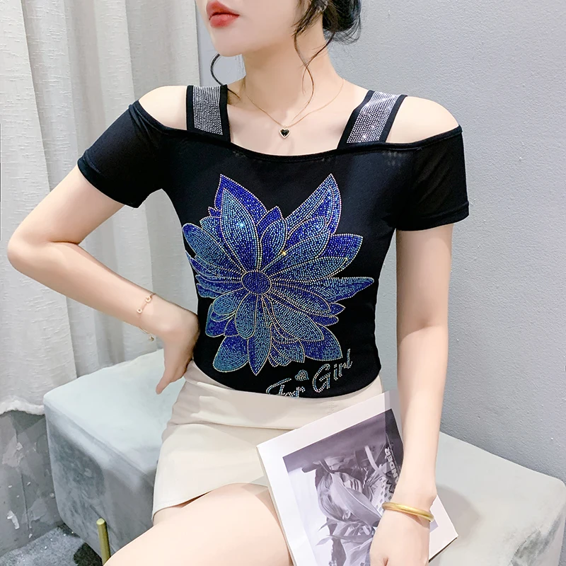 2024 New Arrival Elegant Tank Tops Printed Flowers Charming Spring Summer Mesh Woman M-3XL Trend Diamond Set Charming
