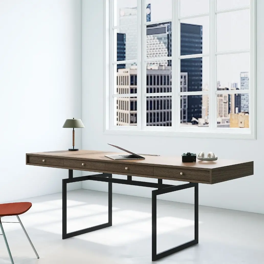 مكتب من الخشب الصلب البسيط، تصميم شمالي حديث، مكتب كمبيوتر منزلي مع أدراج