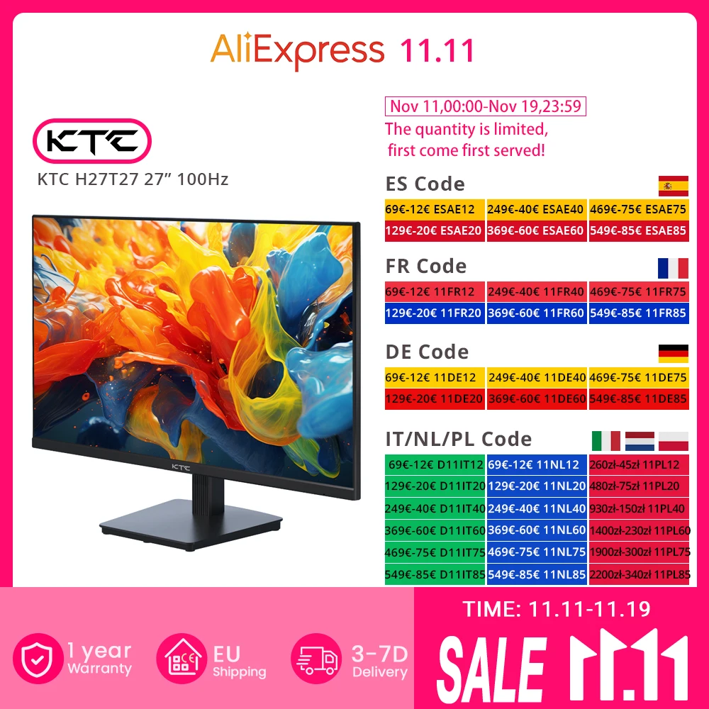 KTC H27T27 27 pulgadas QHD 100Hz Monitor de juegos 2560x1440 IPS Pantalla de panel rápido 16:9 ELED 1ms GTG Tiempo de respuesta 99% sRGB HDR10