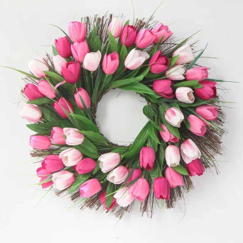 

Tulip Wreath for Front Door Spring Summer Silk with Green Leaves Artificial Tulip Flower for All Seasons Window Wall Wedding45cm