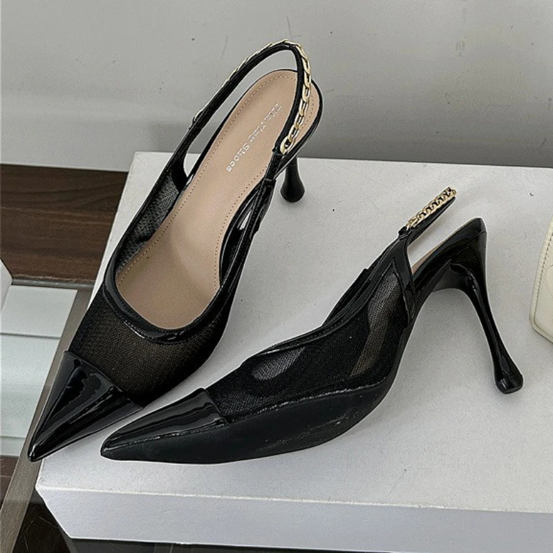 

Модные дышащие сандалии в сетку, женские туфли-лодочки с металлической цепочкой и острым носком, женские элегантные платья, модные брендовые женские туфли на высоком каблуке