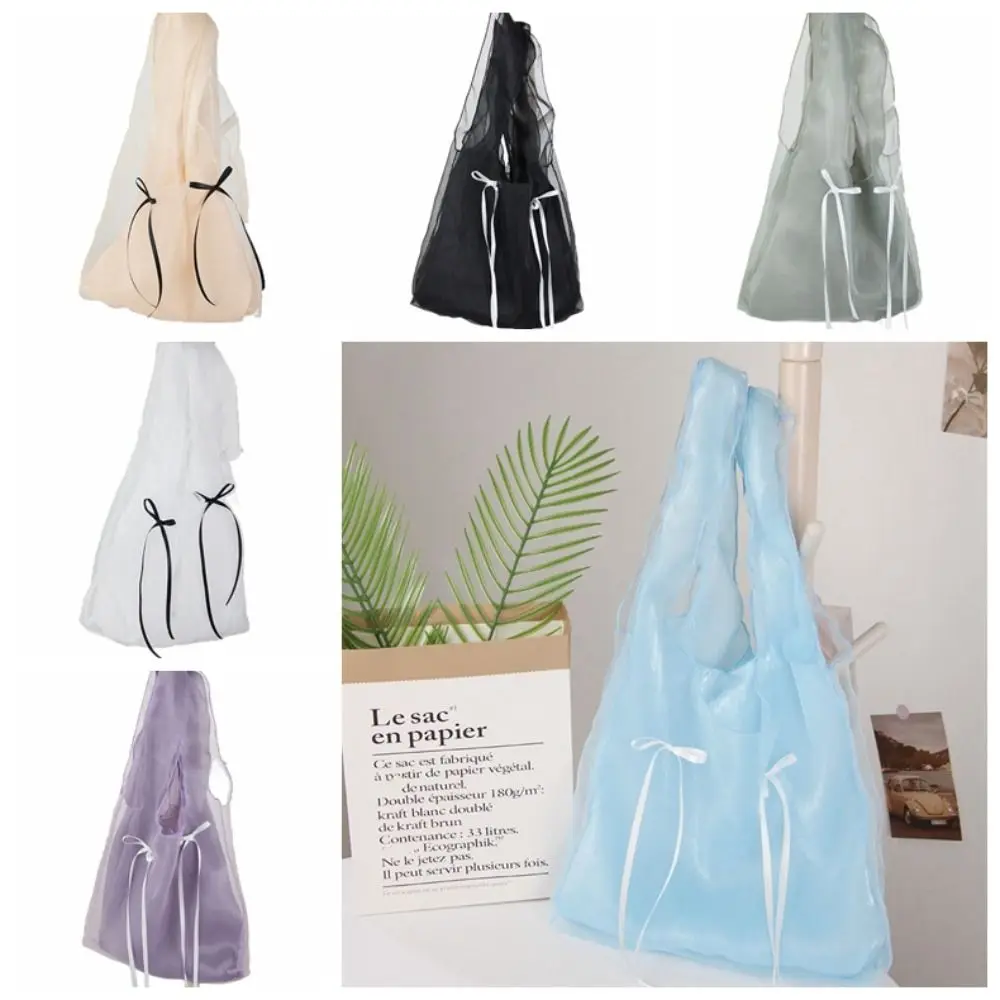 Large Capacity Mesh Tote Bag Double Layered Detachable Bow Underarm Bag Photography Props Bow Ribbon Transparent Shoulder Bag