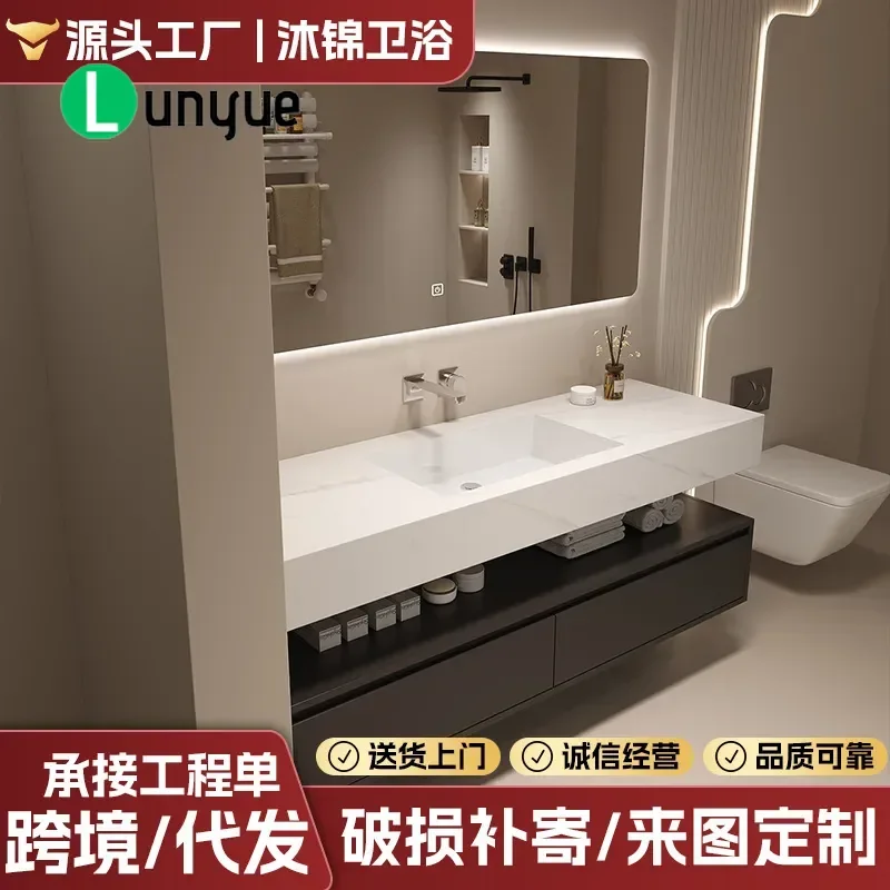 Simple Corian Integrated Basin Bathroom Cabinet with Rock Slab Hot Bending Seamless Design for Modern Bathroom Vanity Unit