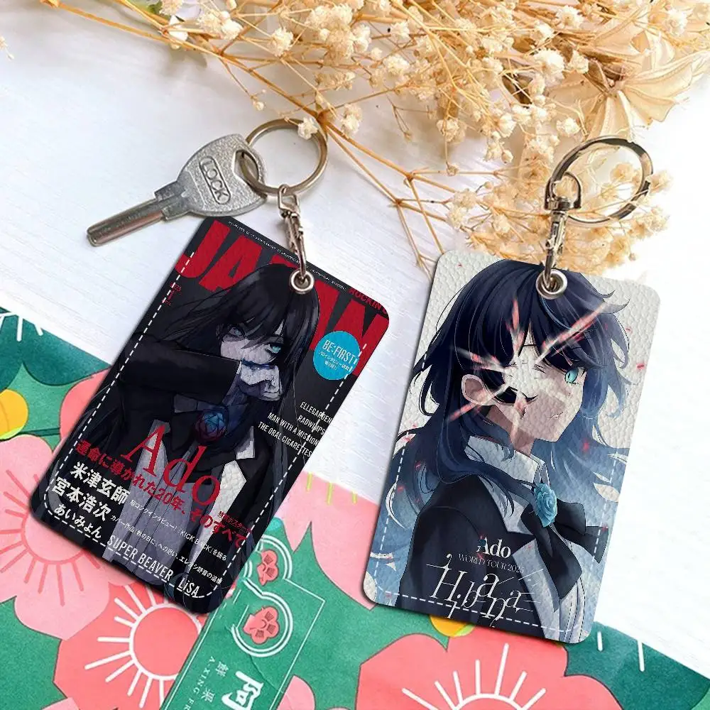 Ado الكرتون أنثى المغني مستطيل حافظة بطاقات الهوية المفاتيح الوصول حافظة للبطاقات مفتاح العلامة حلقة حامل بطاقة جلدية حلقة رئيسية الوصول #3