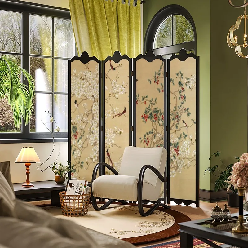 Folding and movable solid wood screen partition entrance French living room sofa to block the live broadcast background flower a