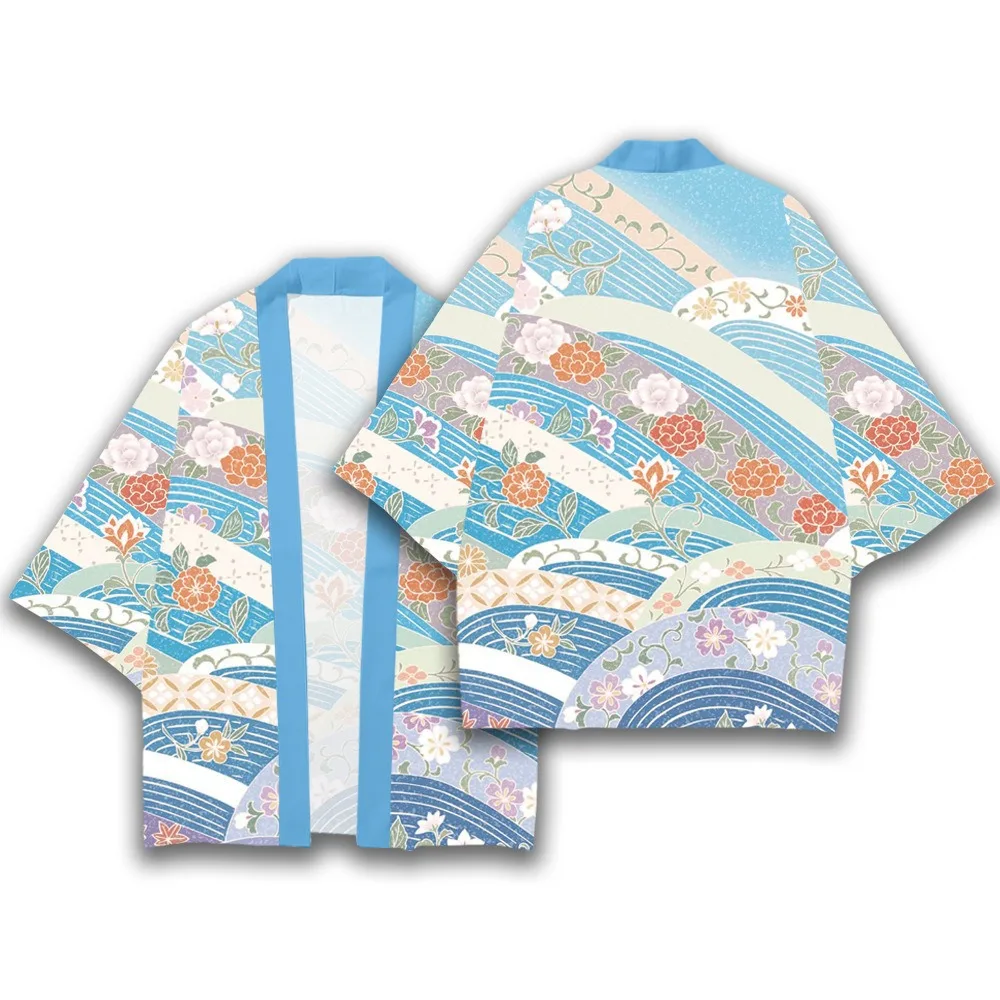 Japanese Sakura Ukiyo-i Printed Feather Knitted Cardigan Kimono Summer Thin Robe Sunscreen Clothes Unisex