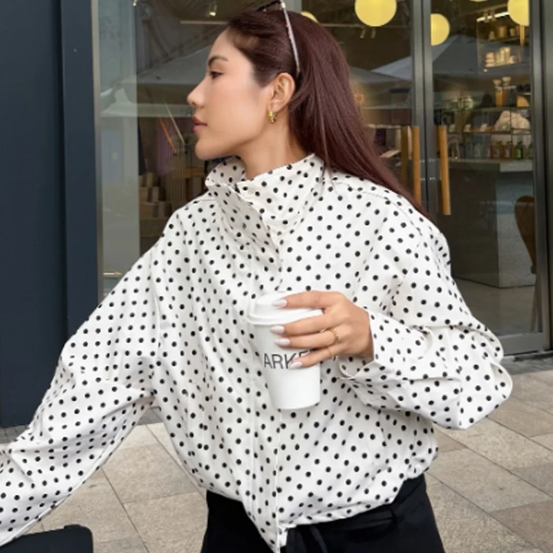 HXAO 2026 Damska kurtka w grochy, oversize, zapinana na zamek, plus size, z długim rękawem, nowości w kategorii płaszcze i kurtki, krótka odzież wierzchnia na zewnątrz