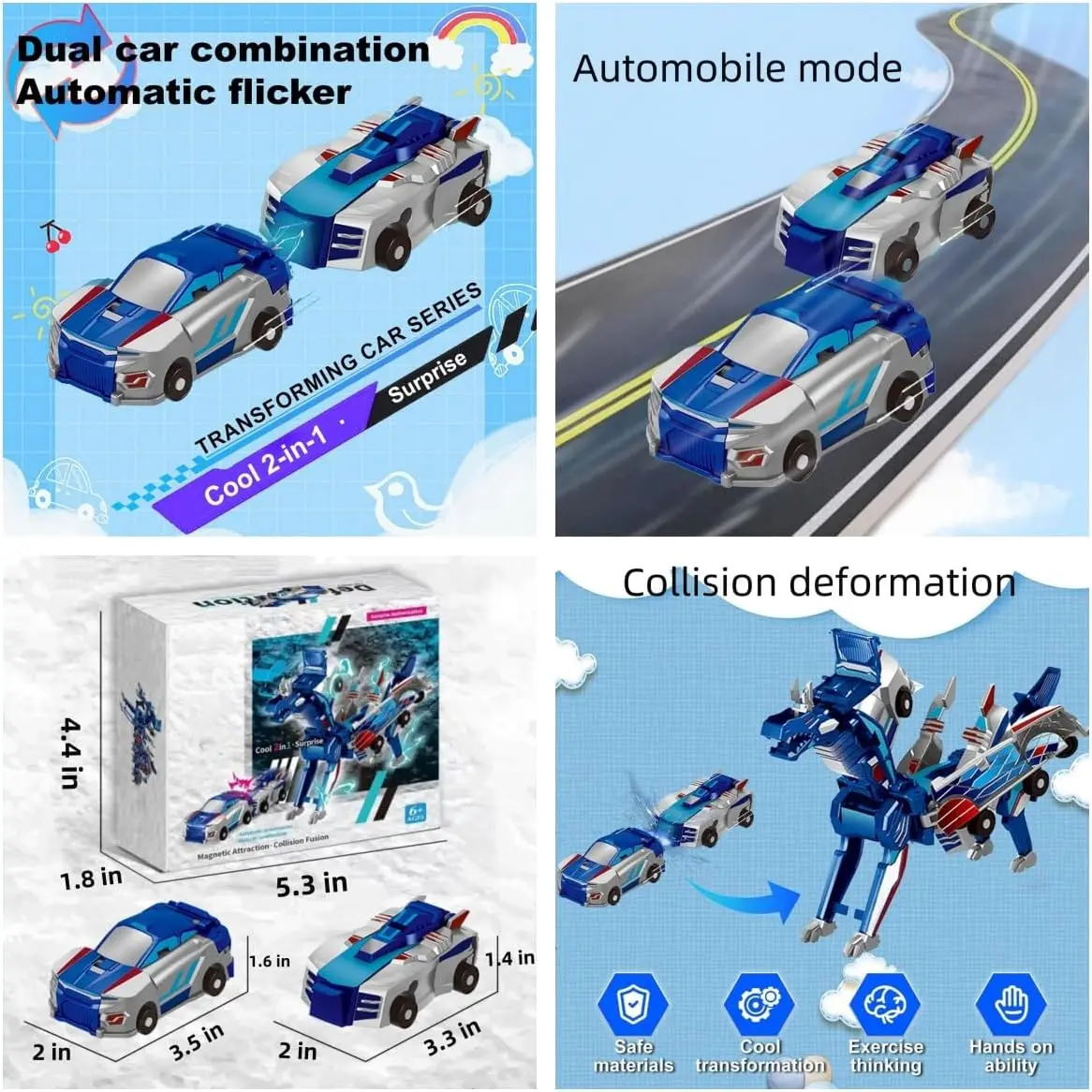 Carros de brinquedo transformador de unicórnio, robô de carro de veículo de criança de unicórnio transformando, 2 peças de brinquedos magnéticos de carro de unicórnio transformadores definitivos