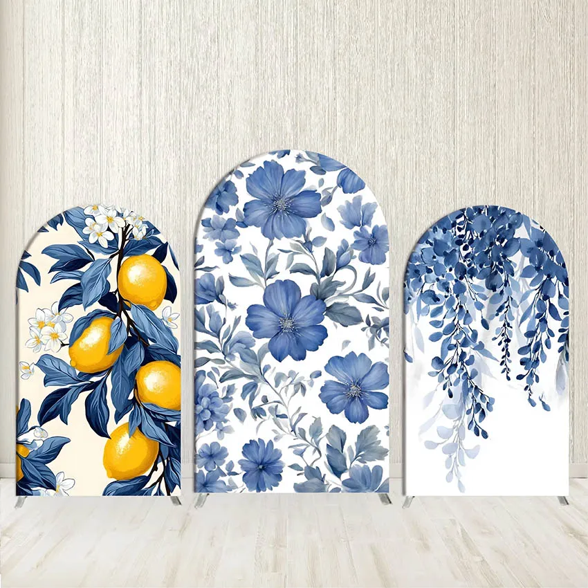 

Mehofond Custom 2-Sided Blue Flowers Lemons Birthday Party Wedding Engagement Covers Chiara Arch Background Decor Backdrop Photo