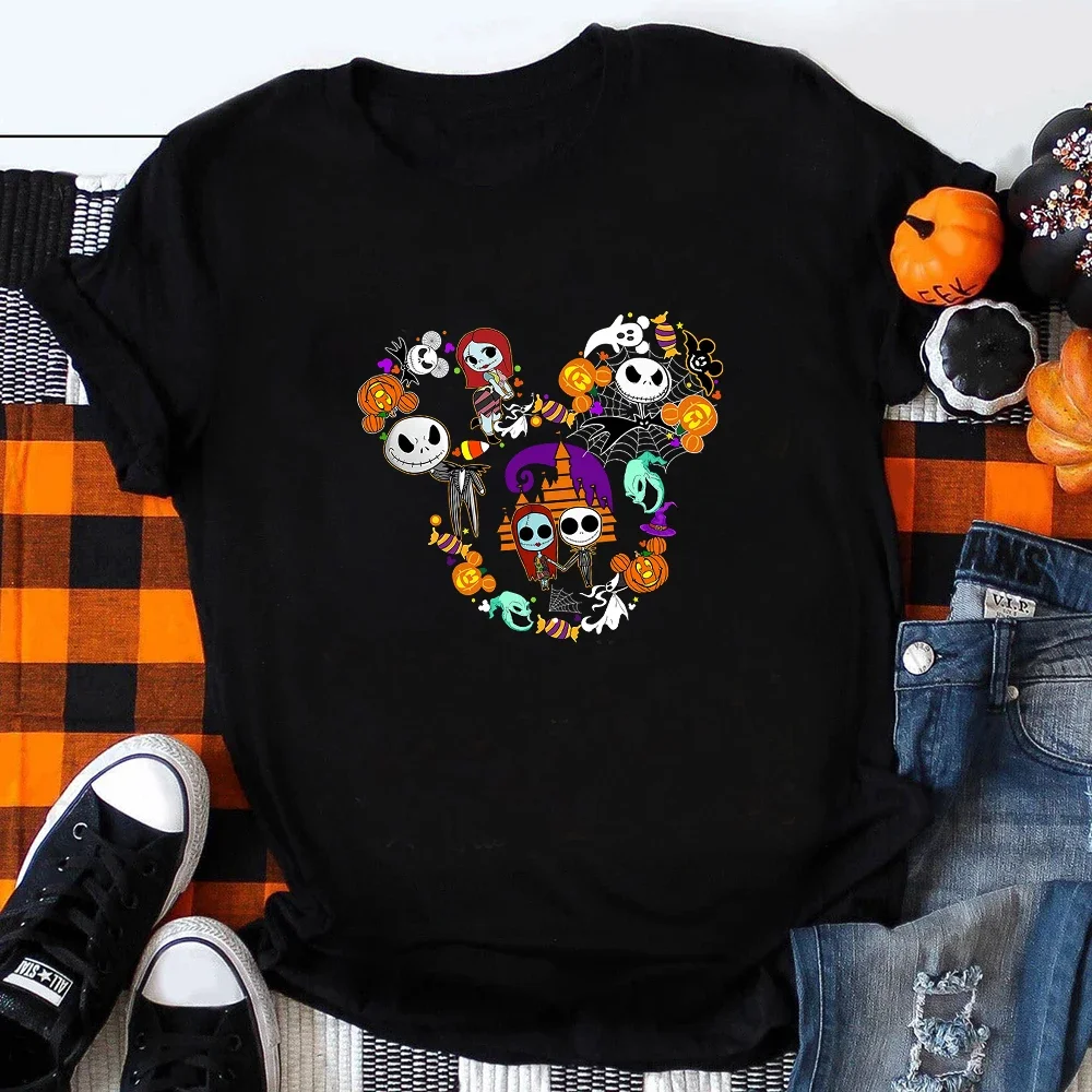 Cartoon Happy Halloween Clothes Jack Skellington Mickey Print Women Magic Kingdom Fashion Disneyland Vacation T Shirt