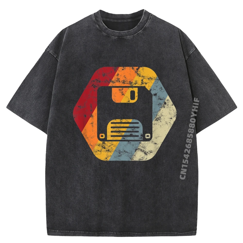 

Floppy Disk Diskette Computer Nerd Geek Red And Black Graphic T Shirt Mens Vintage Washed Shirt Hip Hop