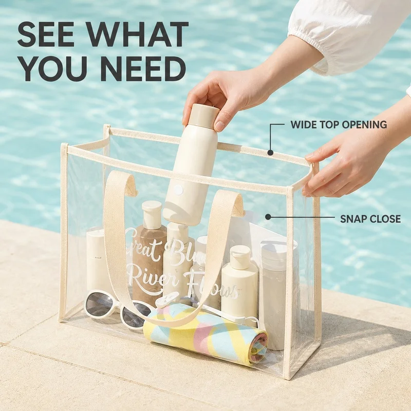 Large Clear PVC Beach Tote Bag For Women, Water-Resistant Pool Swim Bag With Snap Closure For Travel Water Park Summer