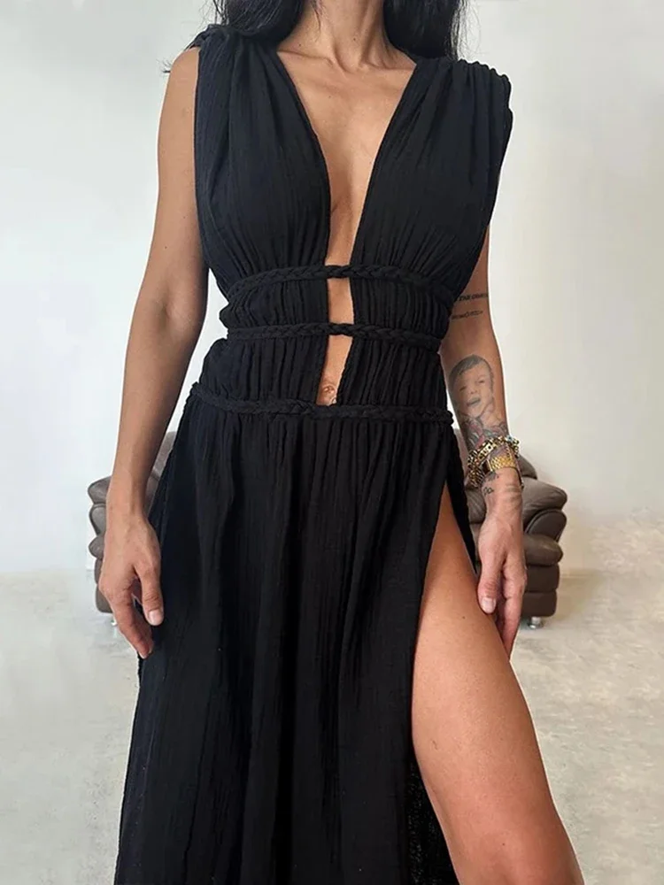 Women's Elegant Sleeveless Split Solid Color Long Dress Deep V Hollow Lace Up for Women Fashion Casual Slim Cotton Dresses