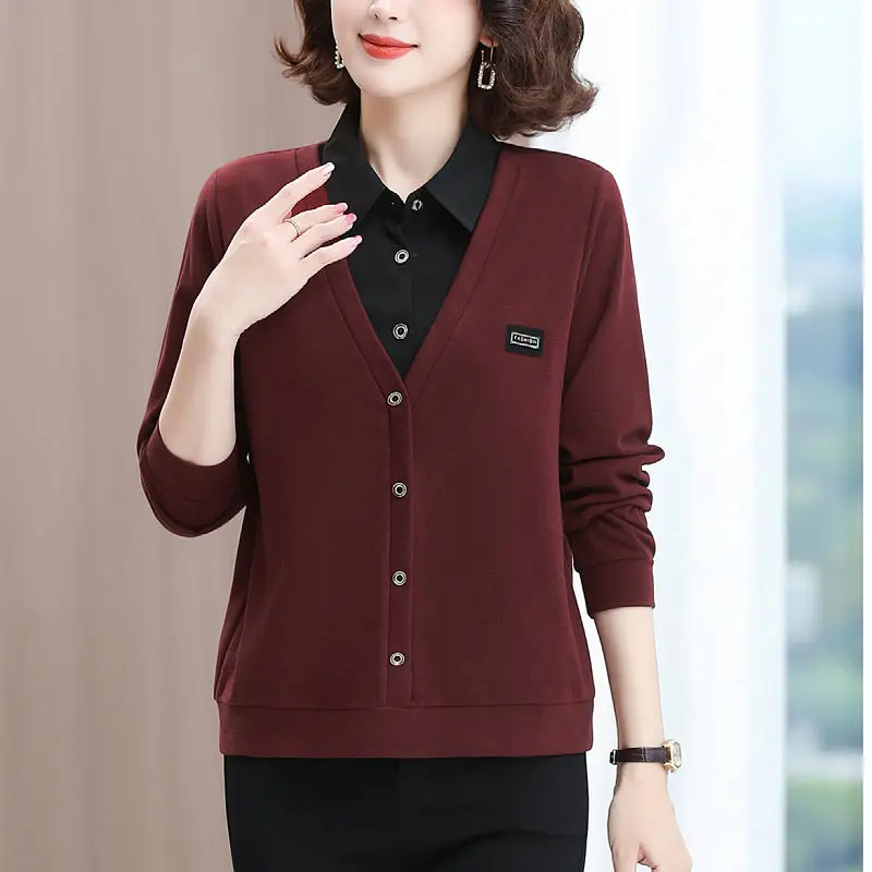 

Autumn Fake Two-piece Shirt Collar Sweater Middle-aged and Elderly Women's Clothing Temperament Reduces Age-reducing Temperament
