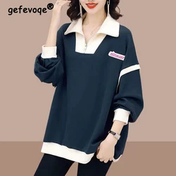 Women Korean Fashion Patchwork Casual Streetwear Oversized Sweatshirts Female Appliques Half Zipper Long Sleeve Pullover Tops