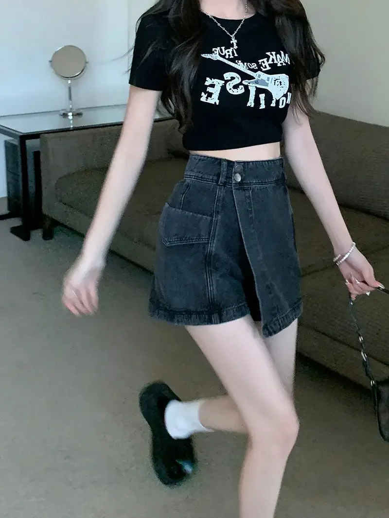 Y2K Vintage Women Korean Button Blue Short Denim Pants Mini Shorts Aesthetic Fairy Grunge High Waist Jeans A-line Alt Clothes