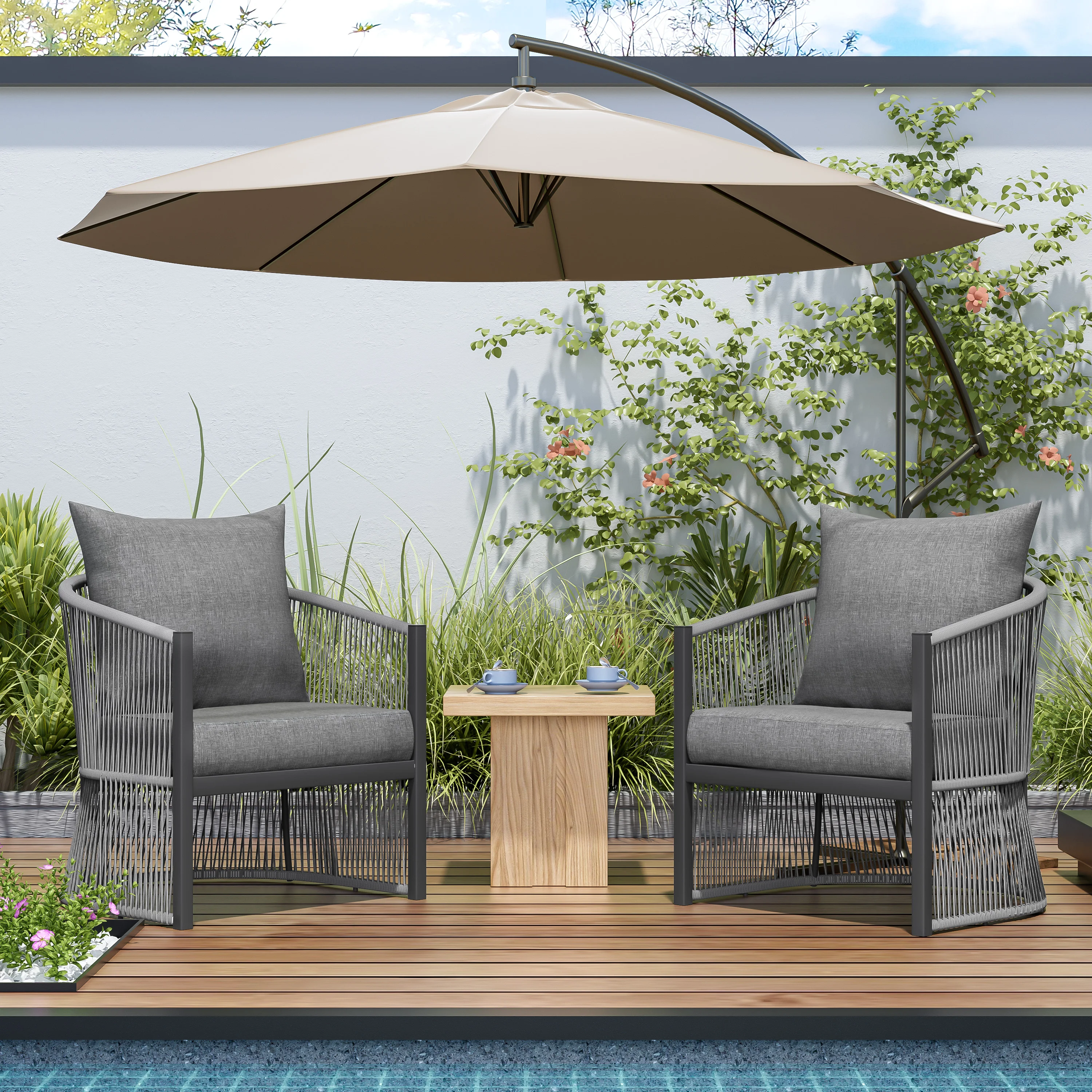 

[Set of 2] Modern Gray Curved Aluminum Patio Chair w/ Rope-Weave Design & Thick Cushions, for Poolside