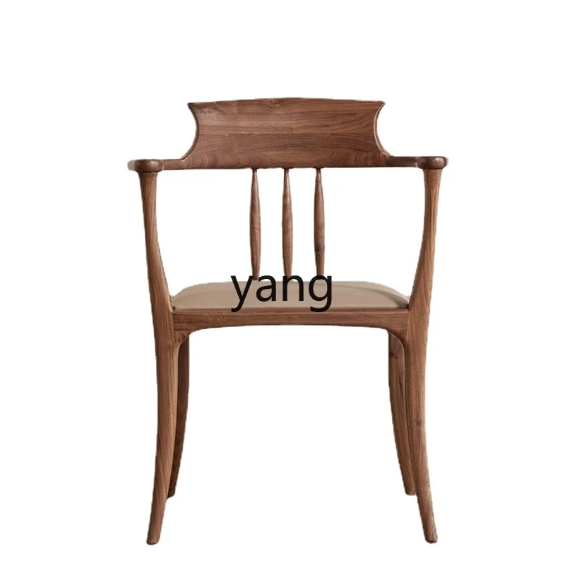 Yjq Solid Wood Study Chair Simple Black Walnut Wood Lounge Chair Genuine Leather Study Chair