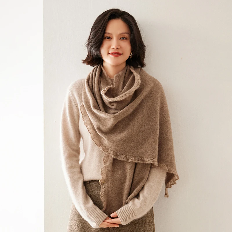 Women's 100% Pure Goat Cashmere Scarf Solid Color Lace Design Autumn Winter Warm Shawl Dual Use Fashion Accessory