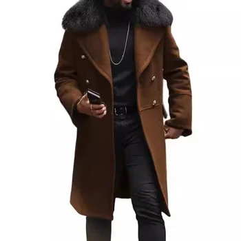 Men's Fur Collar Wool Coat 5 European and American Men's Casual Woolen Coat for Autumn and Winter, Young Men's Double-breasted Fur Collar Overcoat S-5XL 5