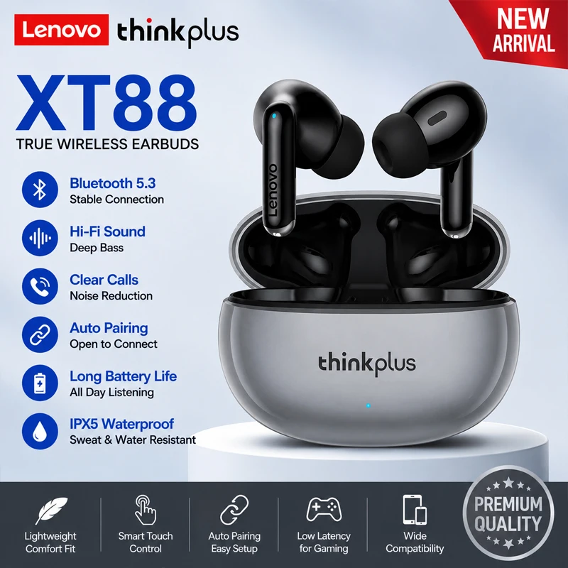Lenovo Thinkplus XT88 in Ear Bluetooth 5.3 Earphones with Dual Microphones, Stereo Noise Reduction, Bass HIFI Touch Earphones